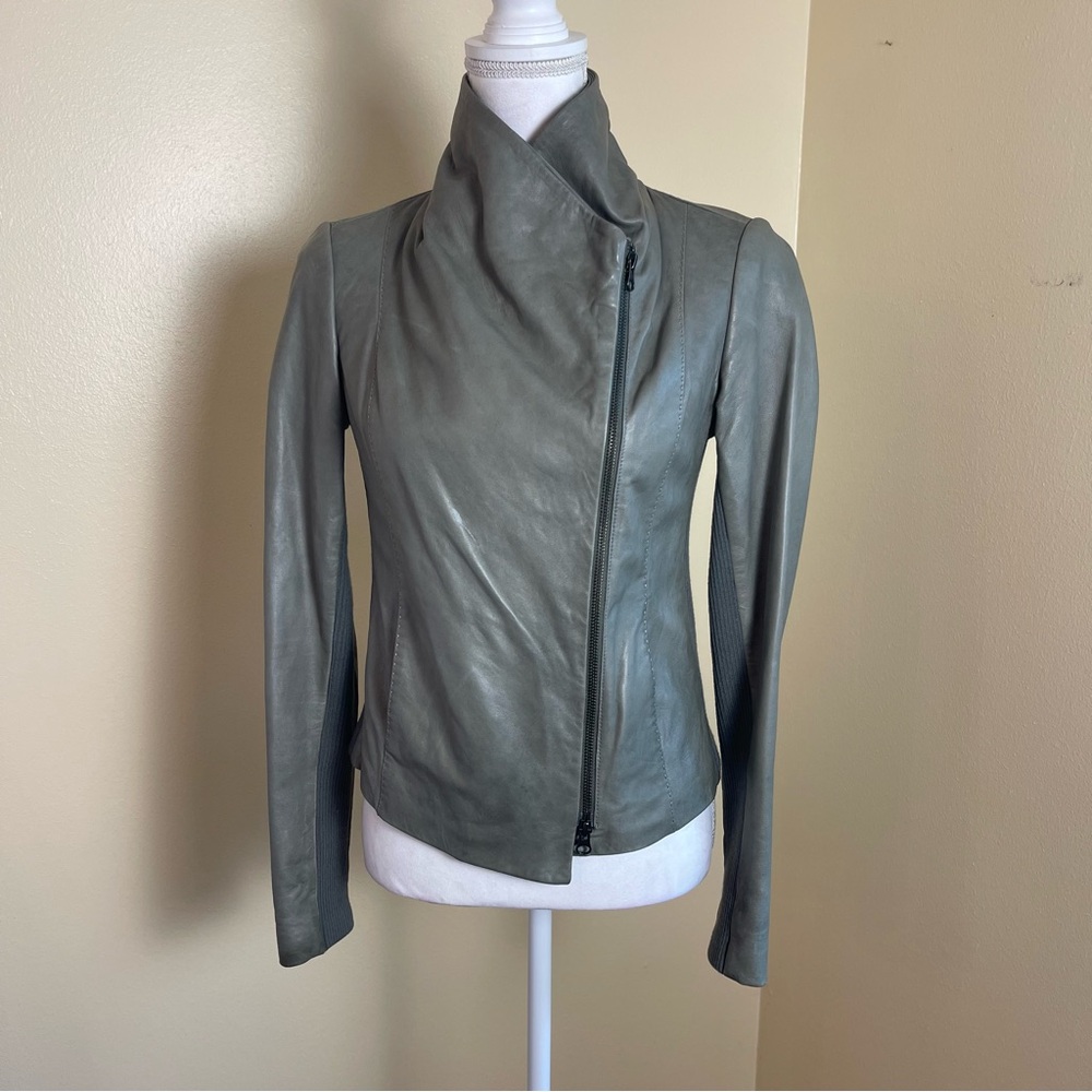 Vince Real Leather Jacket Funnel Neck Olive Green Sz S Buttery Modern Minimalist